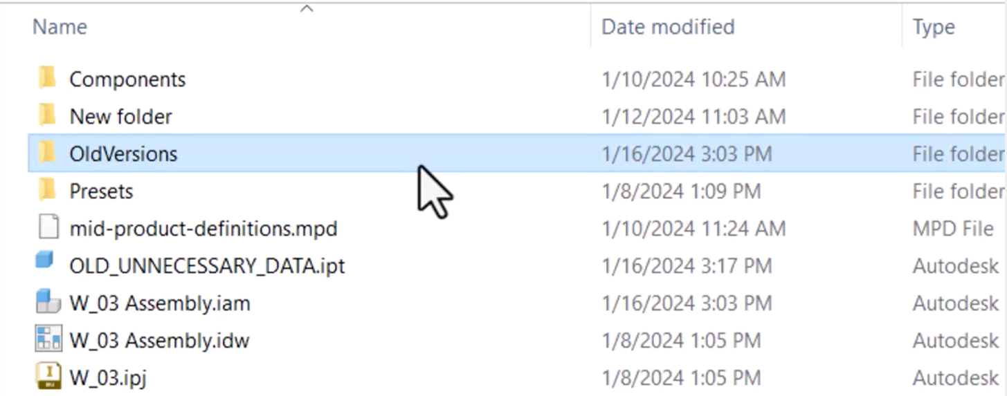 In the file browser, the contents of an example root folder, with the OldVersions folder highlighted.