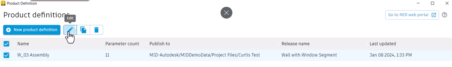 In the Product definitions dialog box, a product definition selected with the Edit button being clicked.
