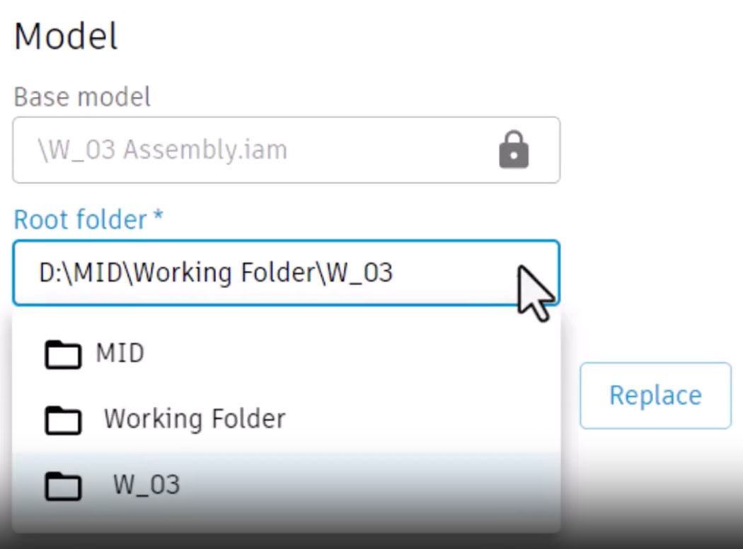 On the Source content tab, the Base model field completed and read-only, and the Root folder drop-down expanded to select the correct folder.