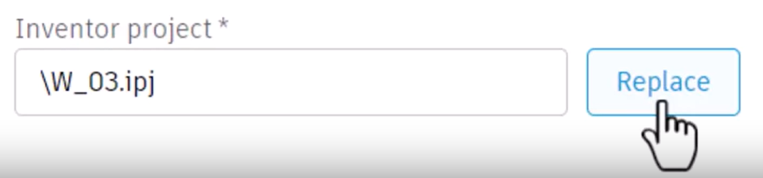 On the Source content tab, next to the Inventor project field, the Replace button being clicked.