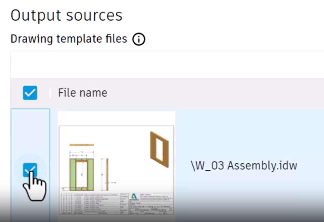 On the Source content tab, the Output sources group, with an IDW file being selected.