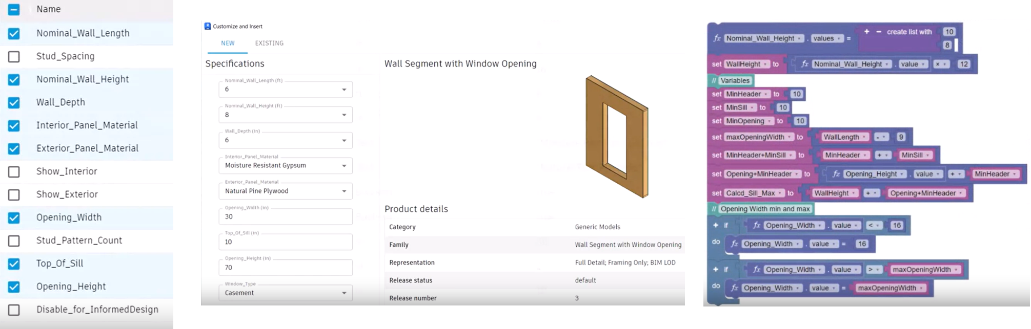 In three side-by-side images, on the left, the Adopted parameters list in Informed Design; in the middle, the parameters as inputs in the Revit form; and on the right, the parameters used in code blocks in the Informed Design canvas.