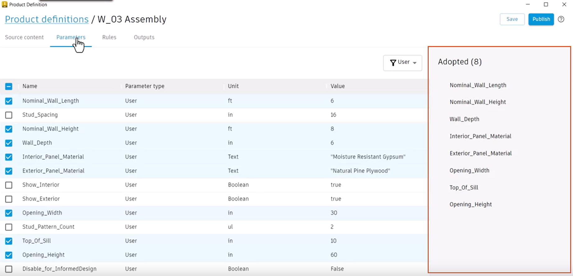 In the Informed Design product definition, Parameters tab, several parameters selected, with the Adopted parameters list highlighted to show the corresponding parameters added.