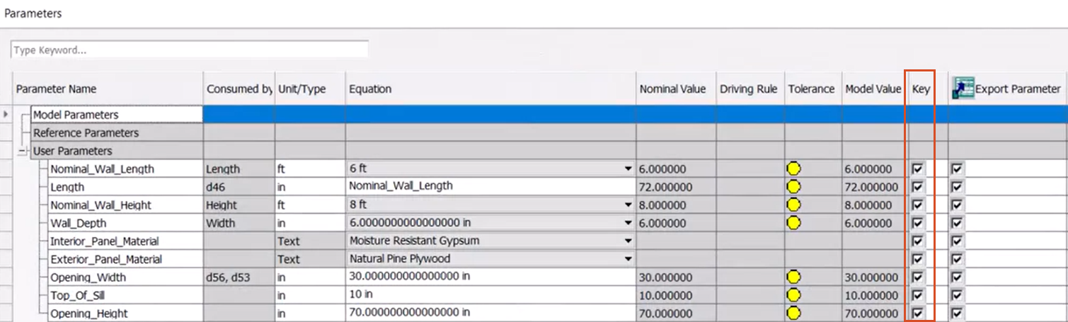 In Inventor, the parameters that are candidates for adoption are listed in the parameters table, with the Key column highlighted to show that they are set as Key parameters.