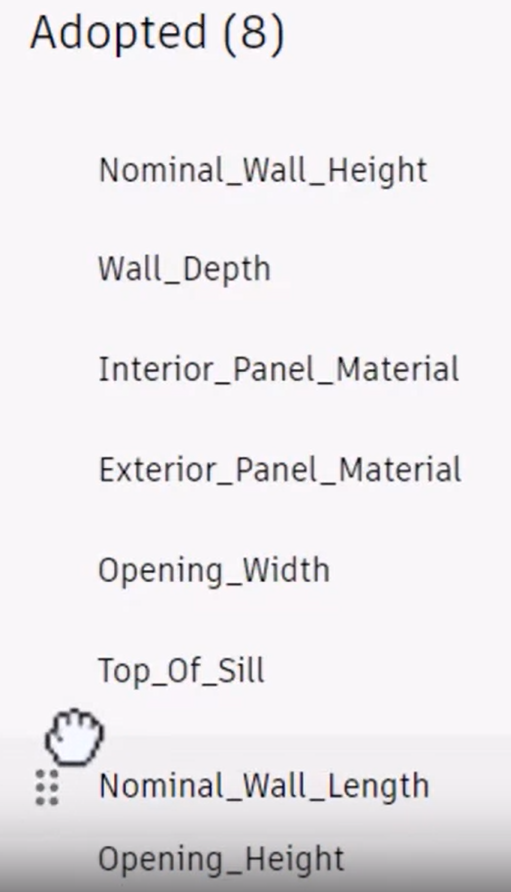 The Adopted parameters panel, with the Nominal Wall Length parameter being dragged to reorder it within the list.