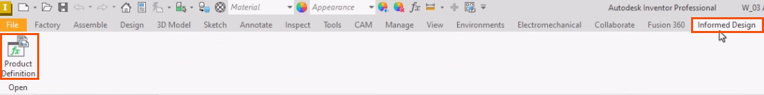 On the Inventor ribbon, Informed Design tab, the tab name and the Product Definition tool highlighted in red.