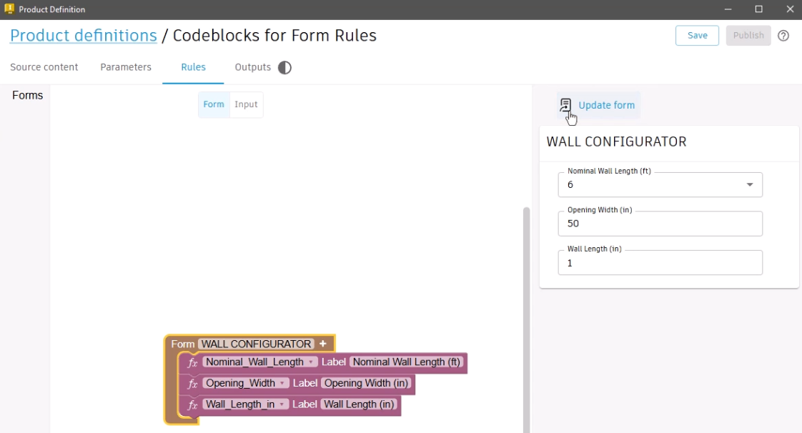 The product definition open to the Rules tab, Form workspace, with underscores removed from the label names, the form renamed, and the mouse pointer hovering over the Update form option.