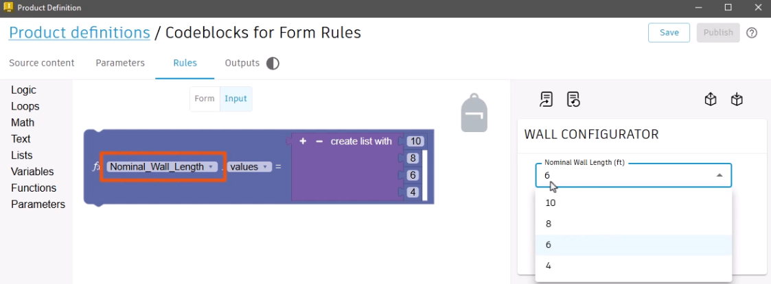 On the Rules tab, Input workspace, the Nominal Wall Length adopted parameter highlighted in red, and the corresponding field expanded in the form to show the list of available options.