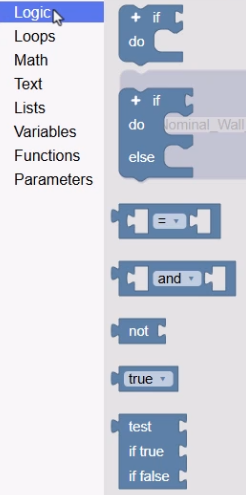 The Codeblocks library, with the Logic category expanded to show the available options.