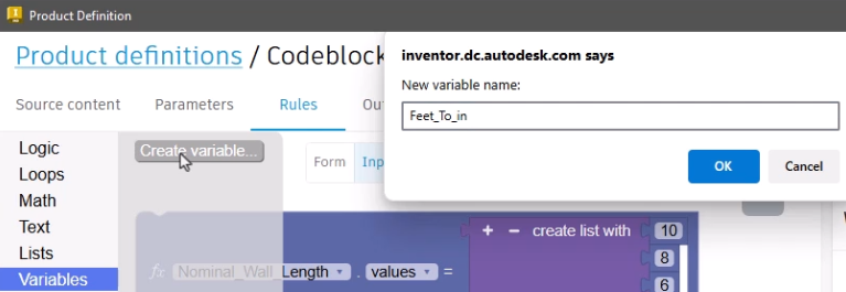 In the expanded Variables library, Create variable selected, and in the New variable name dialog box, the name entered for this example.