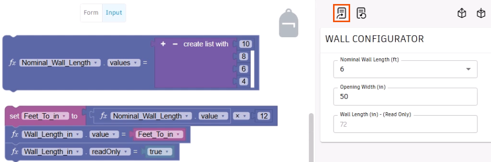 Parameter blocks configured to map the conversion from feet to inches to a read-only field in the form, with the Update form button highlighted in red.