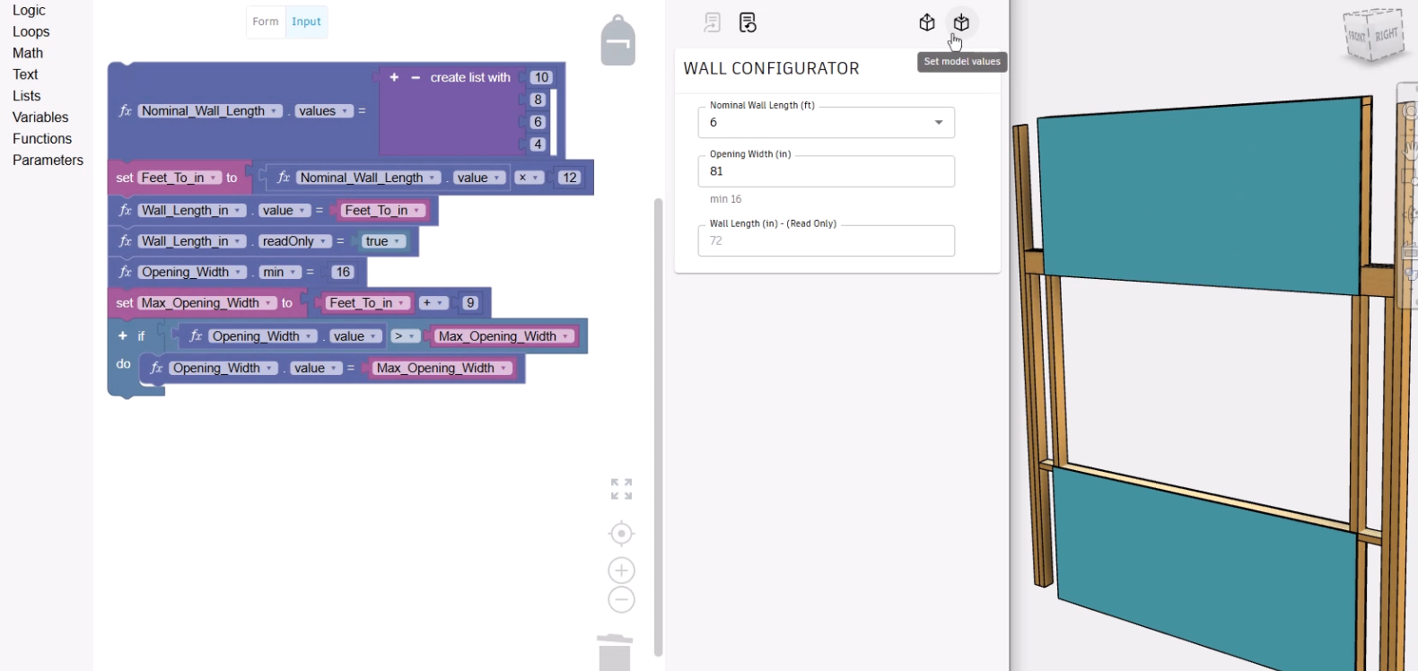 The blocks configured and snapped together, the form updated, and Set Model Values being clicked; and in the Inventor model, an unexpected error where the opening width exceeds the length of the wall.