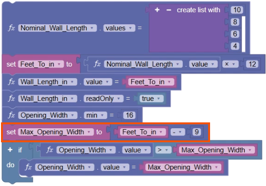 In the configured codeblocks, the Max Opening Width variable block highlighted in red, with the operation changed from addition to subtraction.