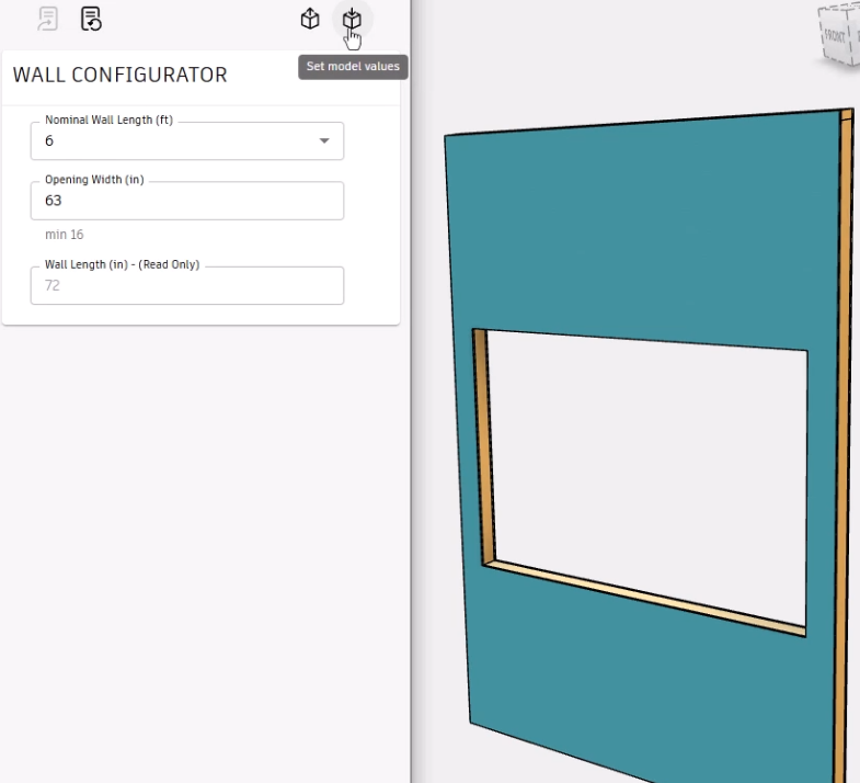 The updated form, with the Opening Width reset to 63 and Set model values being clicked; and the updated Inventor model, confirming the successful fix.
