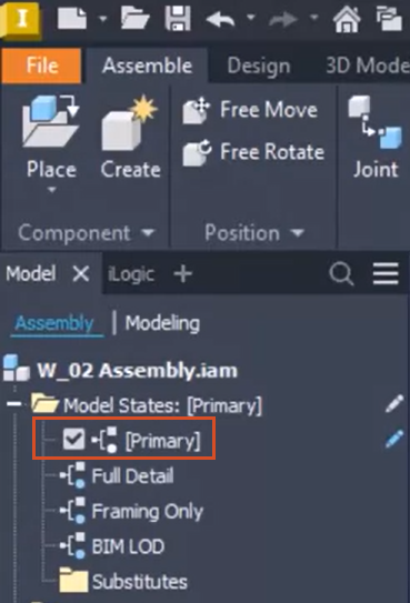 In the Inventor model browser, the Model States for an assembly expanded to show the Primary model state selected and active.