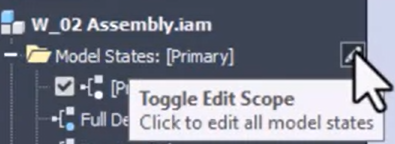 In the Inventor model browser, the Toggle Edit Scope icon being clicked next to Model States.