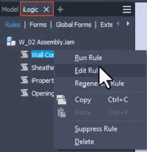 In the iLogic browser, the context menu for the Wall Config rule expanded with Edit Rule being selected.