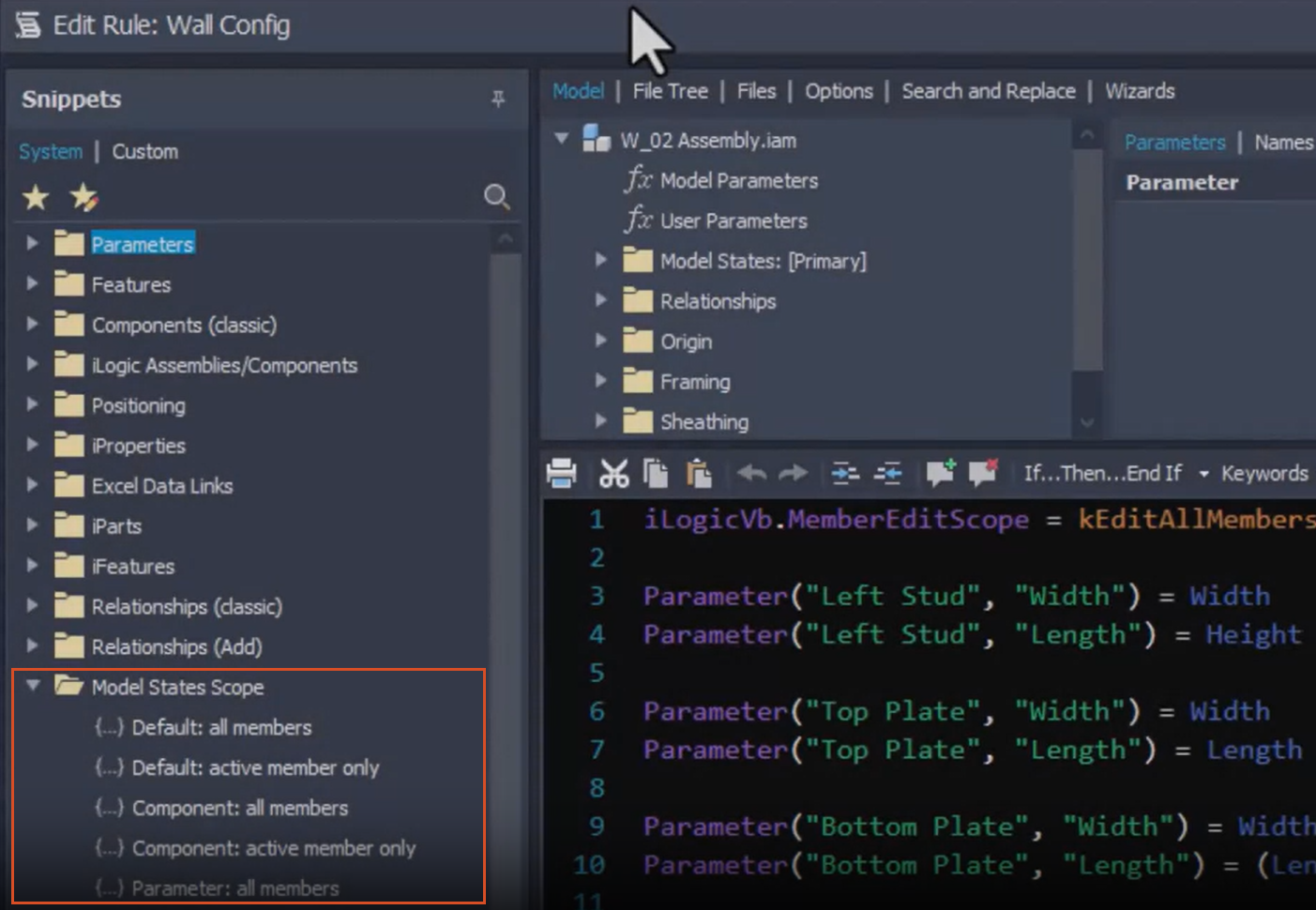In the Snippets area of the Edit Rule dialog box, the Model States Scope functions highlighted.