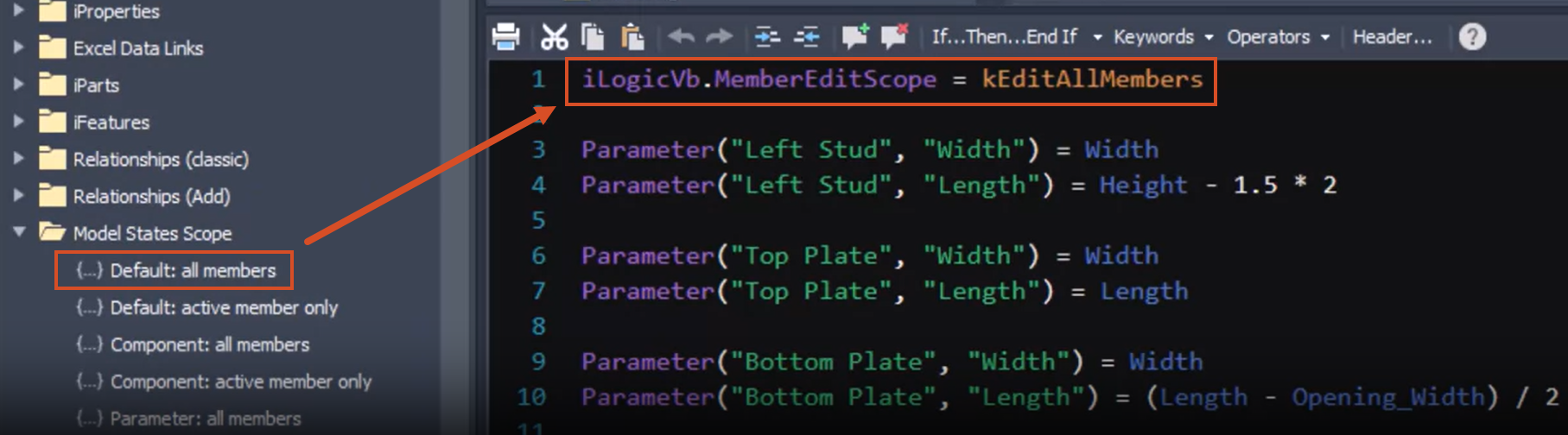 In the Snippets area of the Edit Rule dialog box, Default: all members highlighted under Model States Scope, and in the rule text area, the Member Edit Scope function highlighted at the top of the iLogic rule, with an arrow connecting the two.
