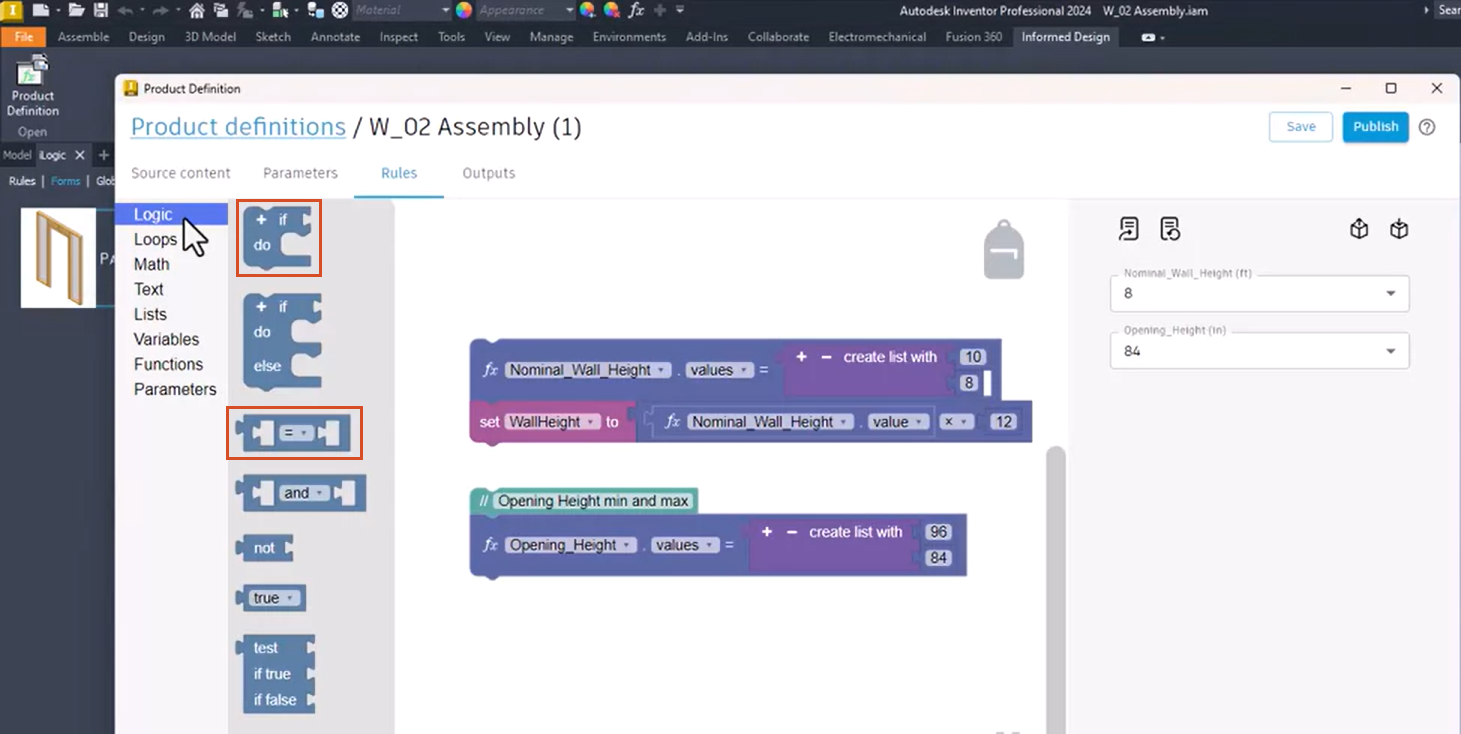 With the Inventor interface open in the background, the Rules workspace, where the If Do and Comparison blocks are highlighted in the expanded Logic blocks library.