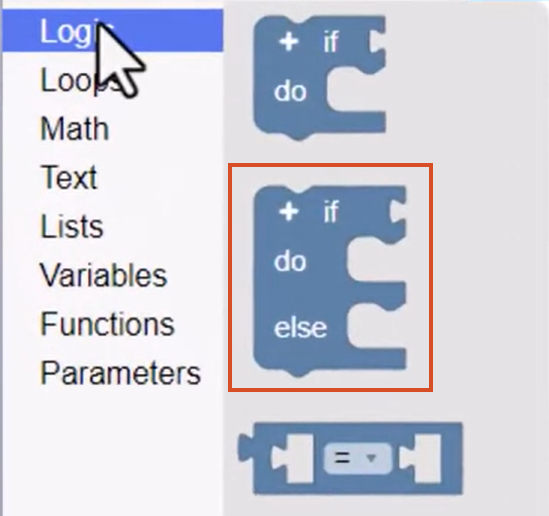 The expanded Logic blocks library, with the If Do Else block highlighted.