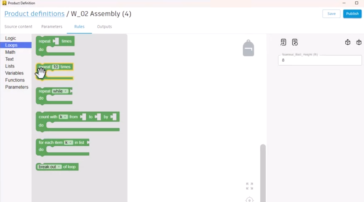 In the Informed Design interface, Rules workspace, the Logic blocks library expanded and a Repeat block being added to the canvas.