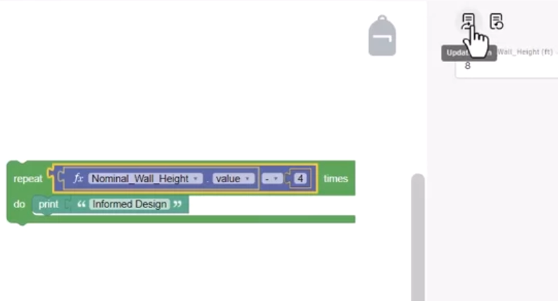 On the canvas, a Repeat block with a Calculation block set to calculate the number of times to repeat the loop and print the specified text; and in the form, Update form being selected.