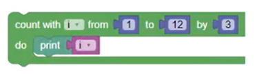 The Count With block set to Print i from 1 to 12 in increments of 3.