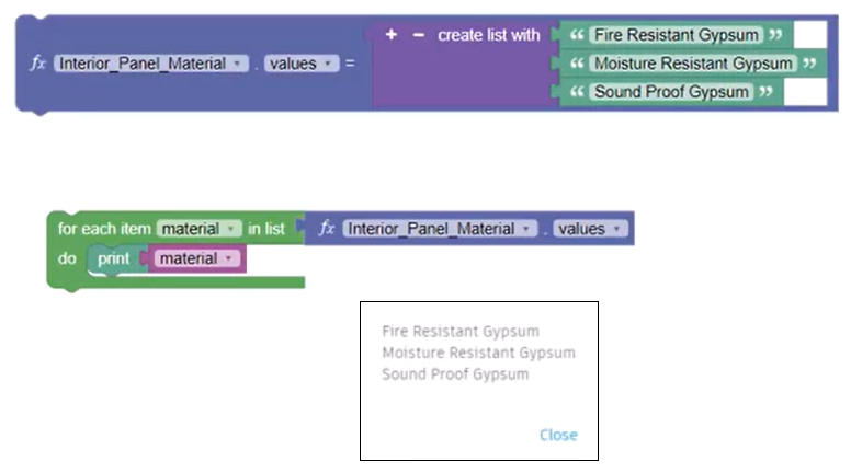 The Interior Panel Material list; the For Each Block, with material set as the iterator and the block set to print the materials from the list; and the generated print popup, with all three materials printed.
