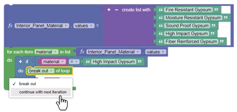 The Loop Termination block with the drop-down expanded and continue with next iteration being selected.