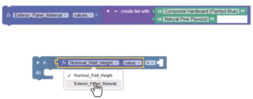 Below the Exterior Panel Material list, the If Do block, with an added equals operator and Exterior Panel Material being selected in the parameter drop-down.