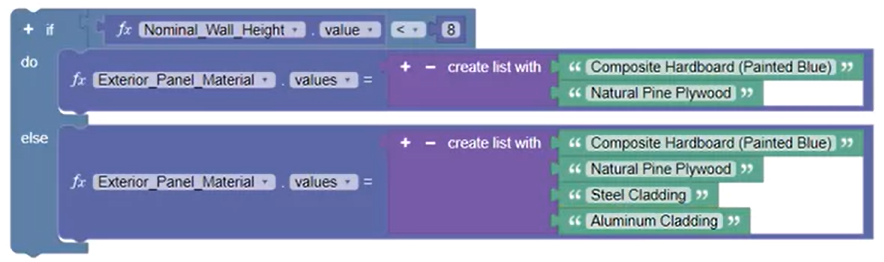 The If Do Else block set up so that if the parameter value is less than 8, the user sees a specific list of exterior panel materials; and otherwise, a list with more options.
