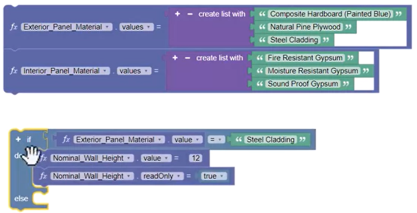 Below the Exterior Panel Material lists, the code block from the first example, with the If Do block being replaced by an If Do Else block.