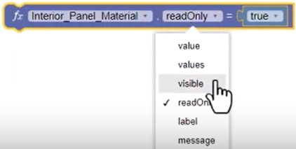 In the duplicated parameter block, the input changed to Interior Panel Material and the readOnly drop-down being set to visible.