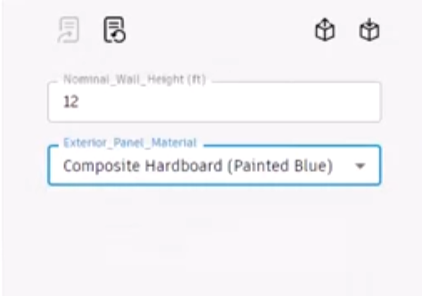 In the form, Composite Hardboard is selected for the Exterior Panel Material, and the Interior Panel Material list is not visible.