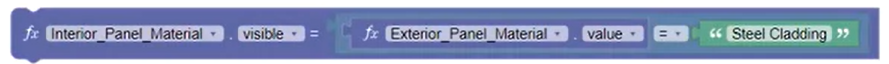 The visibility of the Interior Panel Material parameter set to always be equal to the equation: Exterior Panel Material equals Steel Cladding.