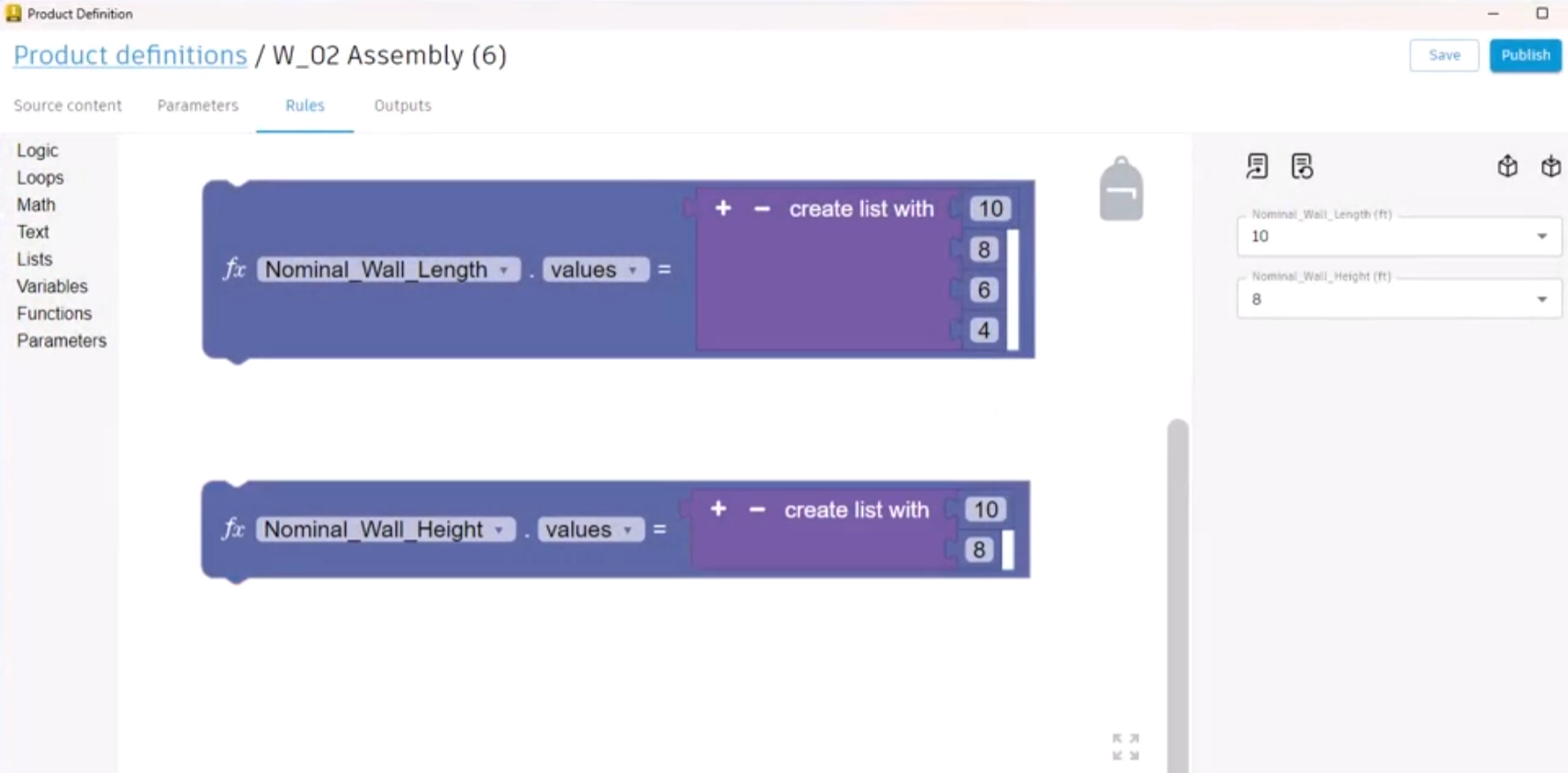 In the Product Definition dialog box, in the Rules workspace, two blocks setting lists of values for Nominal Wall Length and Nominal Wall Height.