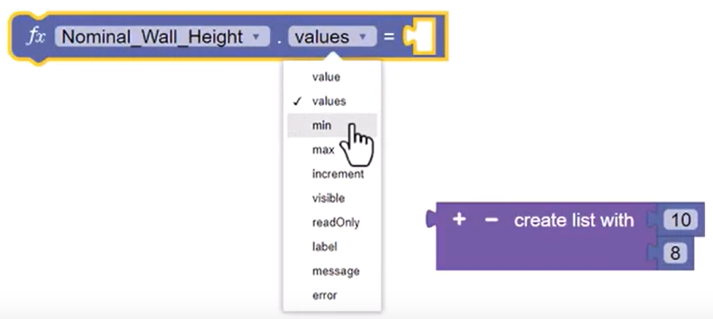 The Nominal Wall Height parameter block, with the Create List With block removed and min being selected in the input drop-down.