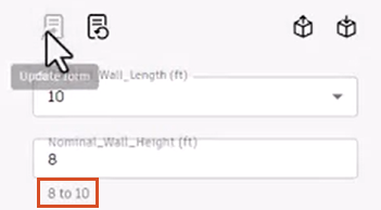 In the form, Update form being clicked and the value range added and highlighted in red below the Nominal Wall Height parameter.