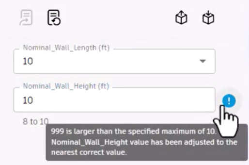 In the form, the Nominal Wall Height value reset to the maximum value of 10, the hand pointer over the message icon, and the message displayed.