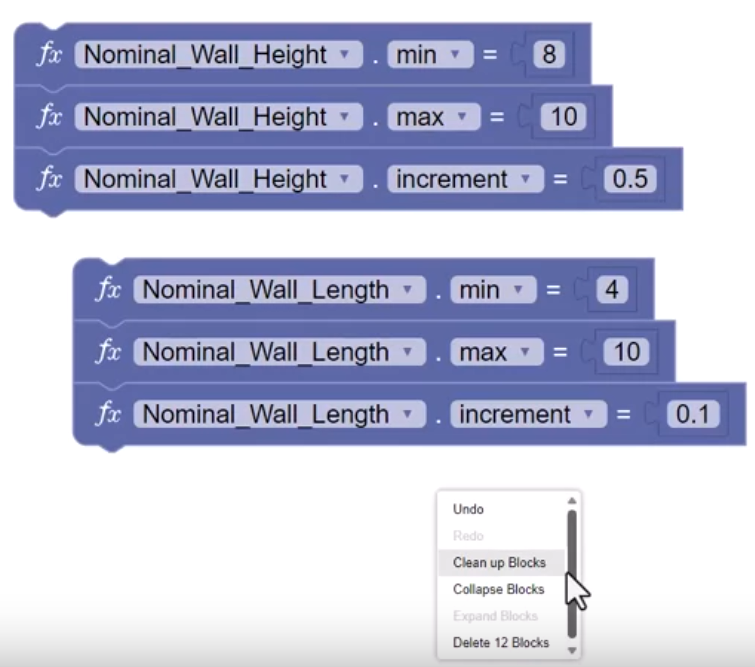 The Nominal Wall Height and Length parameter blocks with added increment blocks, and on the canvas, the context menu expanded with Clean up Blocks being selected.
