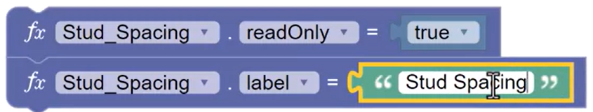 The Stud Spacing block set up to display a read-only parameter with the label “Stud Spacing” in the form.