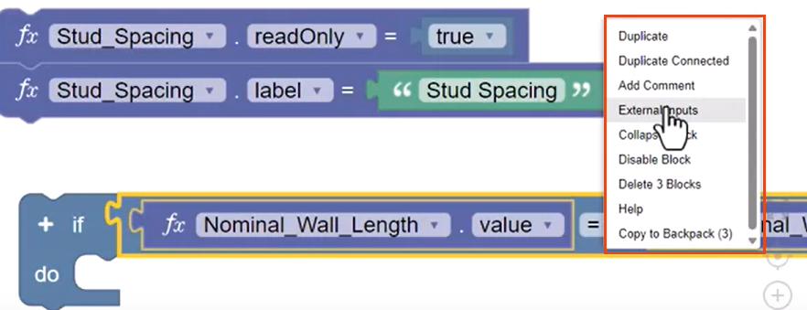 The new If Do block, with its context menu expanded and External Inputs being selected.