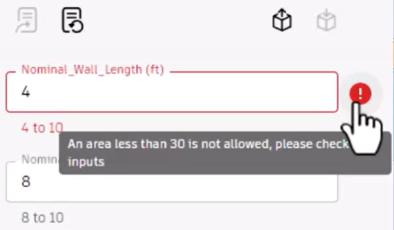 In the form, the Wall Length set to 4, the parameter label and outline displayed in red, and the hand pointer hovering over a red message icon to display the error message.