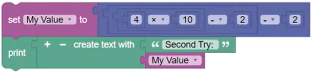 Math blocks set up and grouped such that 4 times 10 is calculated, then that result is grouped with minus 2 and calculated, finally 2 is subtracted from that result to achieve the intended result of 36.