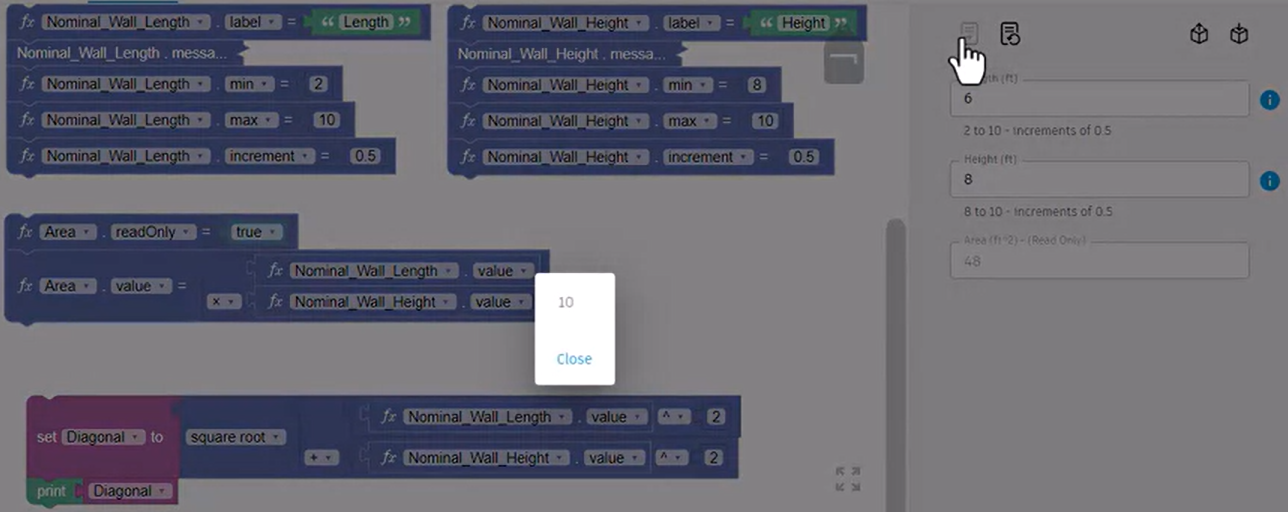 Update form being clicked, and the result of the Diagonal calculation displayed in a popup.