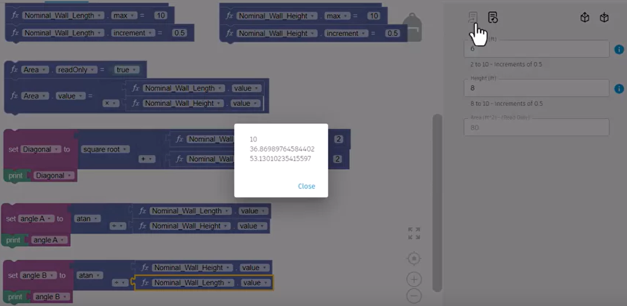 Update form being clicked and the result for the Diagonal, Angle A, and Angle B displayed in the popup.