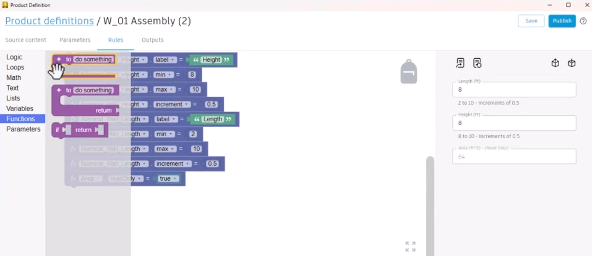 In the Informed Design interface, Rules tab, code blocks setting parameter max, min, and increment values for Height and Length are on the canvas. The Functions library is expanded, and the first Functions block is being selected.