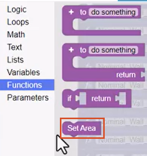 The Functions library expanded to show the newly added Set Area Calling block, which is highlighted.