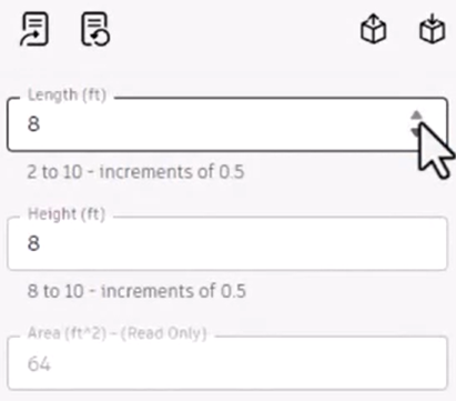 In the form, arrows in the Length input field being clicked to adjust the value, with the Area calculation updated accordingly.
